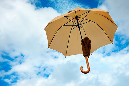 A colorful umbrella is held aloft in the sky, where raindrops cascade around it. Thick clouds surround the scene, adding a dramatic effect to the natural displayの素材