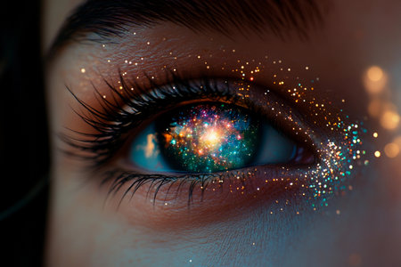 A close-up view of a captivating eye reflects vibrant colors and sparkling stars, evoking the beauty of the cosmos and a sense of wonderの素材