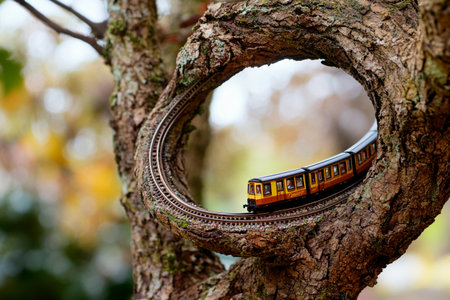 A tiny model train moves along a track wrapped around a tree, showcasing a magical scene against the warm glow of sunset. Nature and creativity blend beautifullyの素材