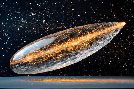 A brilliant shooting star descends through a dark night sky, leaving a shimmering trail that glimmers with a crystalline structure above the cloudsの素材