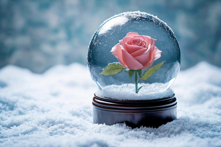 A beautifully crafted snow globe captures a vibrant red rose, surrounded by shimmering faux snow, set against a blurred winter landscapeの素材