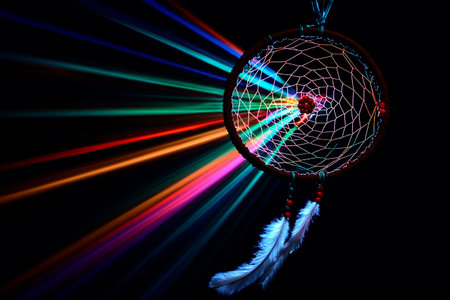 A dreamcatcher spins gently in the wind, casting beautiful multicolored rays as the sun sets, creating a magical and serene atmosphereの素材