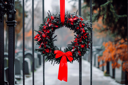 A remembrance wreath is hung on the gate of a cemetery, featuring vibrant greenery and red flowers. The serene environment evokes a sense of honor and reflectionの素材