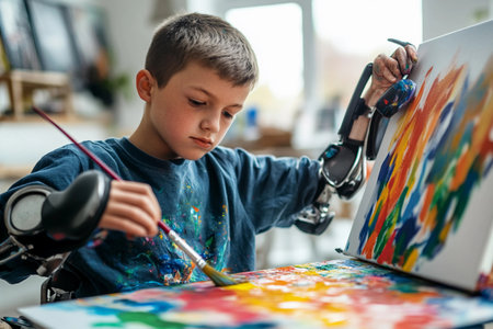 In a vibrant art studio, a creative artist skillfully uses his prosthetic arms to paint a colorful landscape on a canvas, showcasing determination and passionの素材