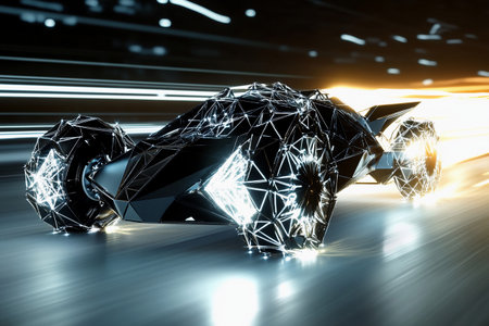 A sleek vehicle glides effortlessly through an illuminated urban environment, showcasing spinning geometric wheels and vibrant neon lights reflecting off its surfaceの素材