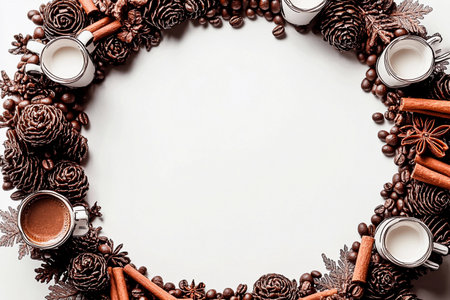 Delightful wreath design features miniature coffee cups surrounded by coffee beans and fragrant spices, creating a warm atmosphere perfect for the cafe ambianceの素材