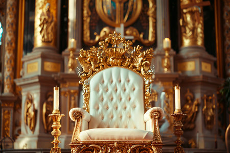 Fantastically beautiful throne of power of king or queen in throne room, abstract vivid composition consists of fictional unreal fantastic vision on background for diverse creative workの素材