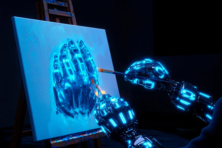 A mechanical hand glowing with blue light skillfully holds a paintbrush, applying vibrant colors to a canvas in a cozy, illuminated art studio at nightの素材
