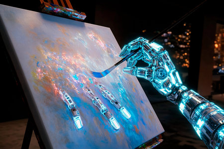 A mechanical hand glowing with blue light skillfully holds a paintbrush, applying vibrant colors to a canvas in a cozy, illuminated art studio at nightの素材