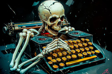 A cracked skeleton leans over a vintage typewriter with its bony hands positioned on the keys. The eerie scene captures a unique blend of gothic design and creativityの素材