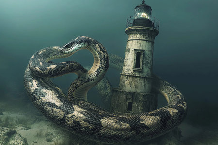 A massive underwater snake tightly wraps itself around a weathered lighthouse, surrounded by turbulent waves under a dark, ominous skyの素材