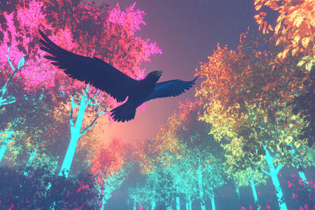 A giant bird glides gracefully over a fantastic forest, where colorful trees create a magical ambiance in the daylight. The scene reflects an otherworldly beautyの素材