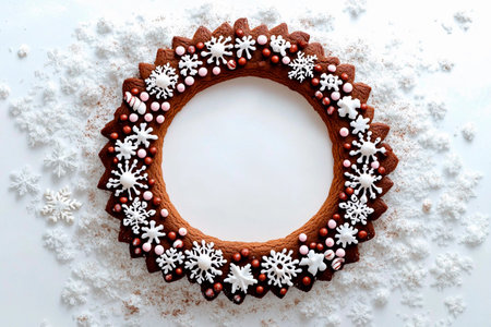 Edible gingerbread wreath showcases intricate designs and festive elements. This delightful decoration brightens up any holiday table or gathering with its charming appealの素材