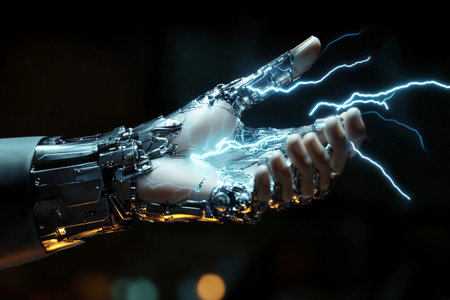 A futuristic gauntlet emits crackling bolts of electricity, highlighting its advanced technology. Dark clouds swirl in the background, enhancing the electrifying sceneの素材