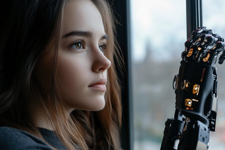 Close to a glass window, a young girl stands thoughtfully, her robotic prosthetic arm resting against the pane as she observes the world outside, showcasing determinationの素材