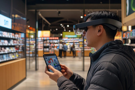 In a modern supermarket, a shopper uses augmented reality glasses to view product details while comparing items on his smartphone, enhancing the shopping experienceの素材