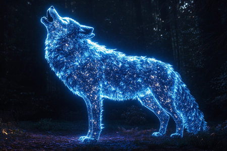 A colossal wolf radiating light stands majestically, howling against the night sky. Its vibrant colors illuminate the surrounding landscape filled with treesの素材