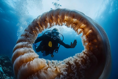A diver is approaching an enormous jellyfish while bubbles surround him in clear ocean water, showcasing the colorful tentacles drifting gentlyの素材