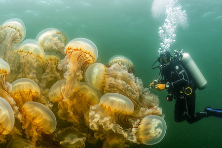 A diver swims among hundreds of illuminated jellyfish in clear water, creating a magical underwater scene during a serene dive in a coastal areaの素材