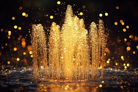 A magical fountain of golden water rises majestically into the air, surrounded by shimmering lights, creating a captivating scene in a serene landscape at duskの素材