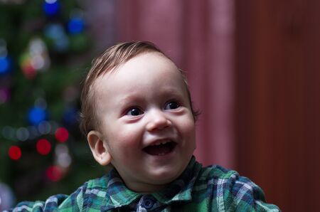 A little boy in a green shirt stands at a festive Christmas tree.の写真素材