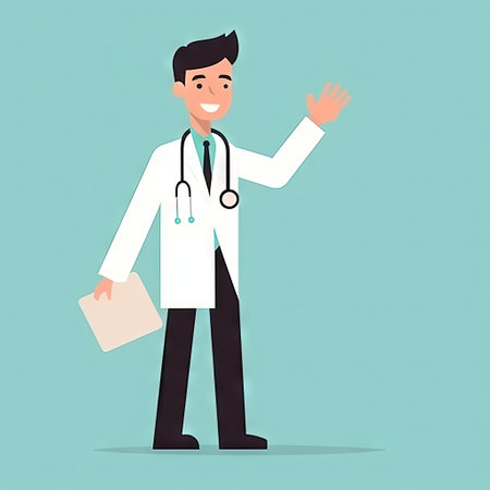 Smiling doctor with hand holding index finger up. AI generatedの素材