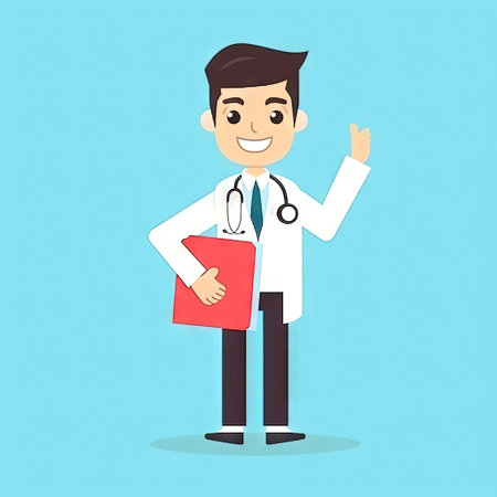 Smiling doctor with hand holding index finger up. AI generatedの素材