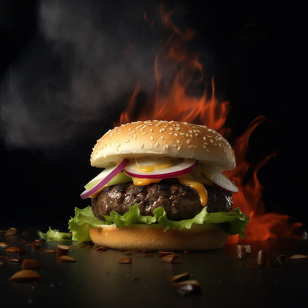 hamburger, burger, sauce, fries, food, sandwich. AI generated. highly detailed photo juicy delicious beautiful burgerの素材
