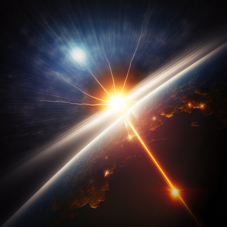 Ai generated rays of the sun break through the atmosphere from space. Sunrise.の写真素材