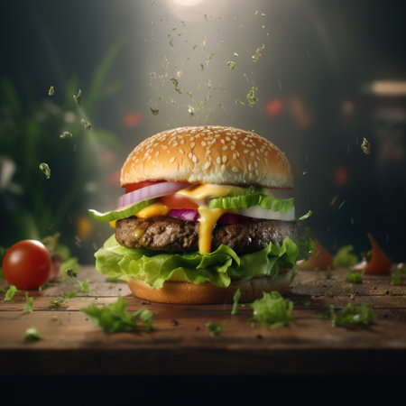 hamburger, burger, sauce, fries, food, sandwich. AI generated. highly detailed photo juicy delicious beautiful burgerの素材