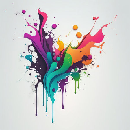 Multi-colored spots and splashes of paint on a white background. Grunge frame of paint. mixed media. AI generatedの素材