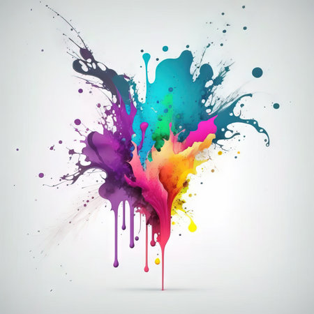 Multi-colored spots and splashes of paint on a white background. Grunge frame of paint. mixed media. AI generatedの素材