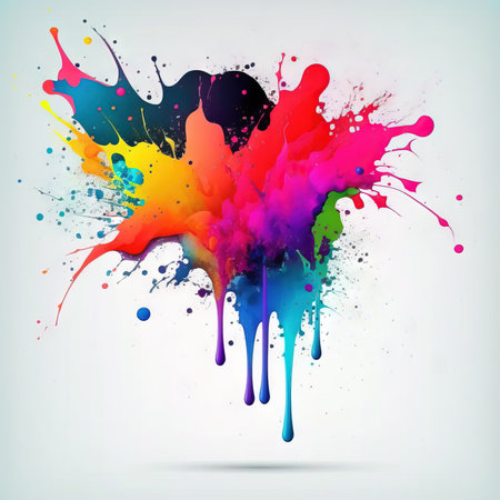 Multi-colored spots and splashes of paint on a white background. Grunge frame of paint. mixed media. AI generatedの素材