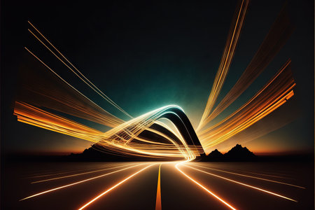 abstract dark background of light with stripes of colourful moving rays.の素材
