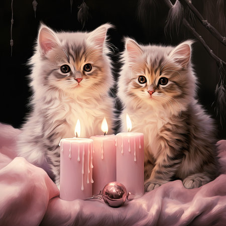 kittens surrounded by candles, in the style of light silver and pinkの素材