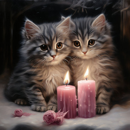 kittens surrounded by candles, in the style of light silver and pinkの素材