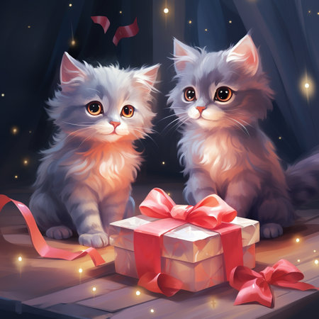 kittens sitting in front of a box with candles, xmas conceptの素材