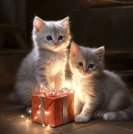 kittens sitting in front of a box with candles, xmas conceptの素材