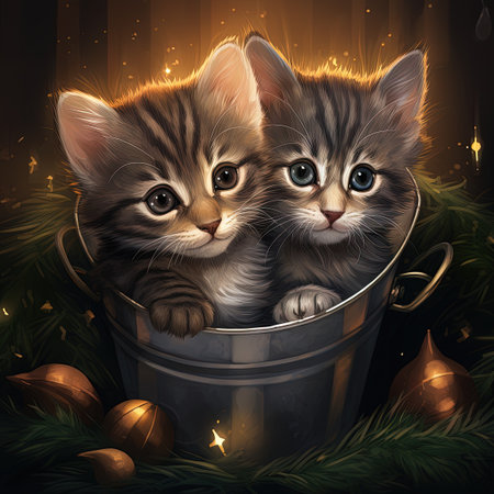shiny kittens in a bucket, ai generated, style of realistic fantasy artworkの素材