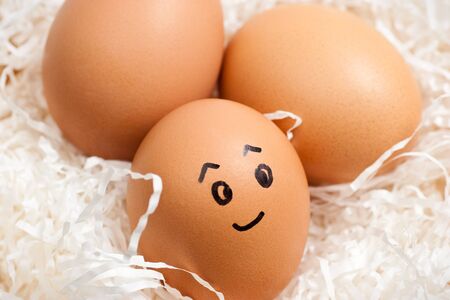 Fresh brown eggs in a paper chips packaging. Selective focus.の写真素材