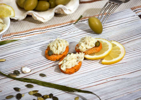 Russian kitchen. Roasted baguette toast with olive butter snackの写真素材