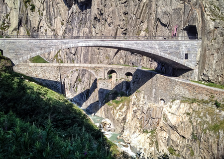 Teufelsbrcke or Devil's Bridge is a bridge in the Schllenen Gorge over the Reuss in the Swiss canton of Uri providing access between Airolo and Gschenen via the St. Gotthard Passの写真素材