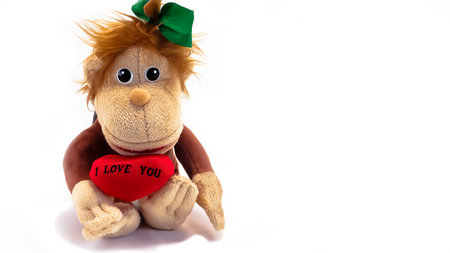 A soft toy.Funny monkey with a heart about loveの写真素材