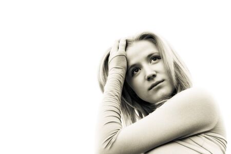 black and white portrait of beautiful teen blond girlの写真素材