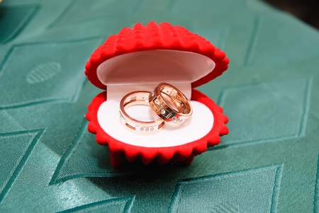 two wedding bands in a red shellの写真素材