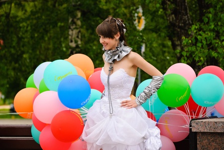 DONETSK, UKRAINE - MAY 15: Annual wedding parade. Bride parade participants in wedding gowns poses during the "Bride Parade" in Donetsk - May 15, 2011 in Donetsk, Ukraine.のeditorial素材