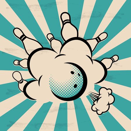 Vector pop art bowling illustration on a vintage background. Strike.のイラスト素材