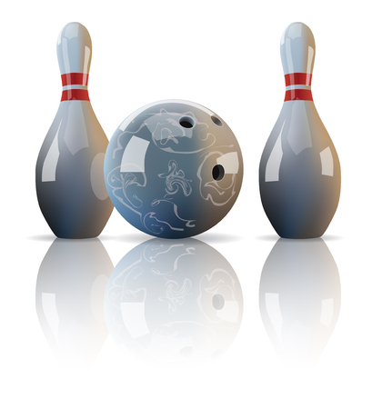 realistic bowling ball and two pins with mirror reflection.のイラスト素材