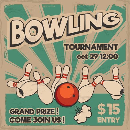 Vector pop art bowling illustration on a vintage background. Bowling strike. Retro bowling tournament poster design concept.のイラスト素材