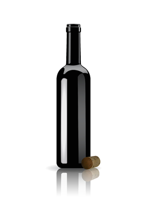 Opened red wine bottle and wine cork with mirror reflection isolated on white background. Vector realistic illustration.のイラスト素材